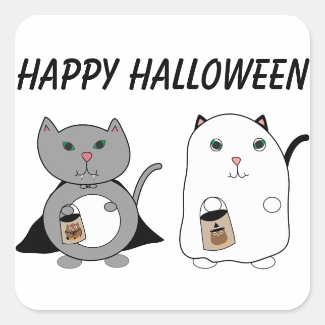 Cats Ghost Vampire Happy Halloween Custom Square Sticker (Front)