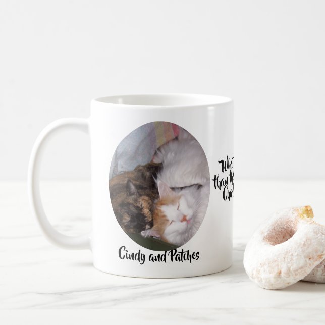 Cats Greater Love Two Photos and Names Coffee Mug (With Donut)