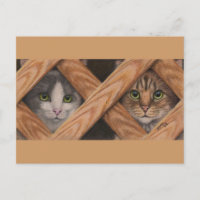 Cats Grey Tabby behind lattice fence postcard