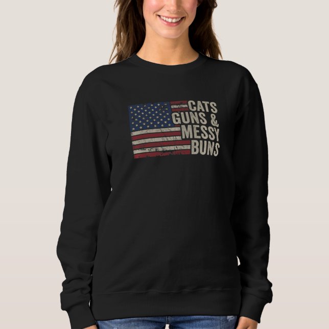 Cats Guns Messy Buns - Womens Usa Flag Pro Gun Cat Sweatshirt (Front)
