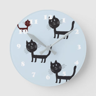Cats Happy Black Kittens Drawing Wall Clock