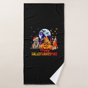 Cats Happy Hallothanksmas Halloween Thanksgiving C Bath Towel