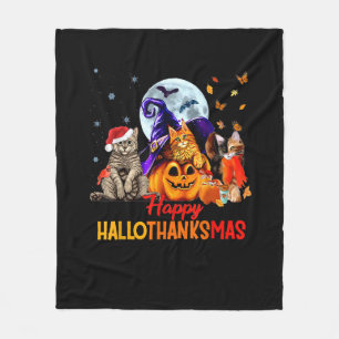 Cats Happy Hallothanksmas Halloween Thanksgiving C Fleece Blanket