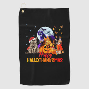 Cats Happy Hallothanksmas Halloween Thanksgiving C Golf Towel