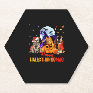 Cats Happy Hallothanksmas Halloween Thanksgiving C Paper Coaster