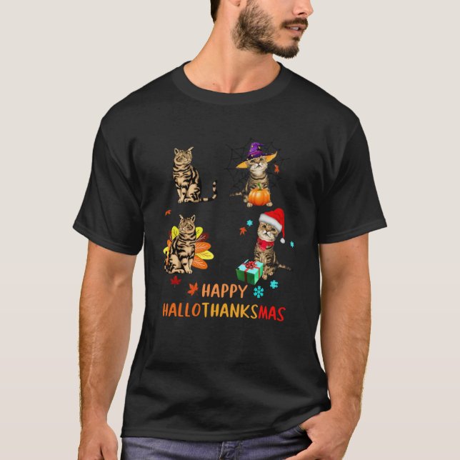 Cat's Happy Hallothanksmas T-Shirt (Front)