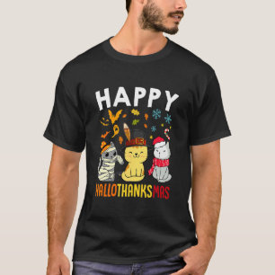 Cats Happy HalloThanksMas Thanksgiving Christmas T-Shirt