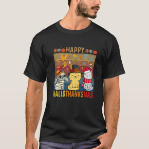 Cats Happy HalloThanksMas Thanksgiving Christmas T-Shirt