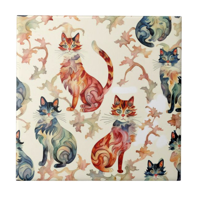 Cats in a Chinese Watercolor Pattern  Ceramic Tile (Front)