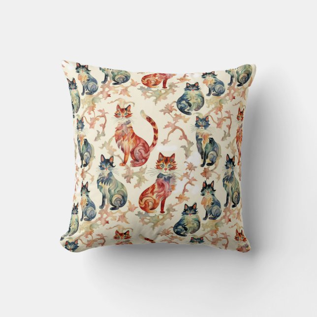 Cats in a Chinese Watercolor Pattern  Cushion (Front)