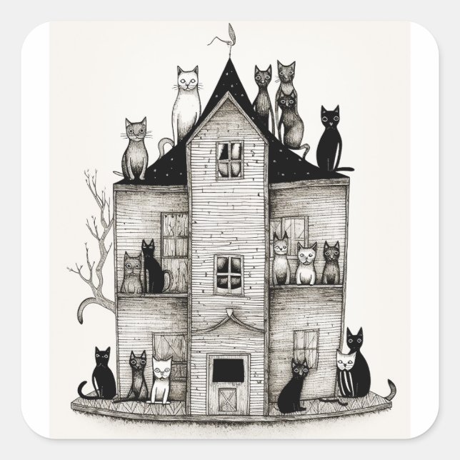 Cats in a House Square Sticker (Front)
