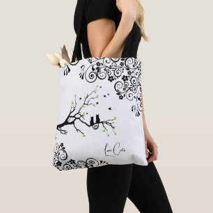 Cats in a Tree Love Heart black white word text Tote Bag