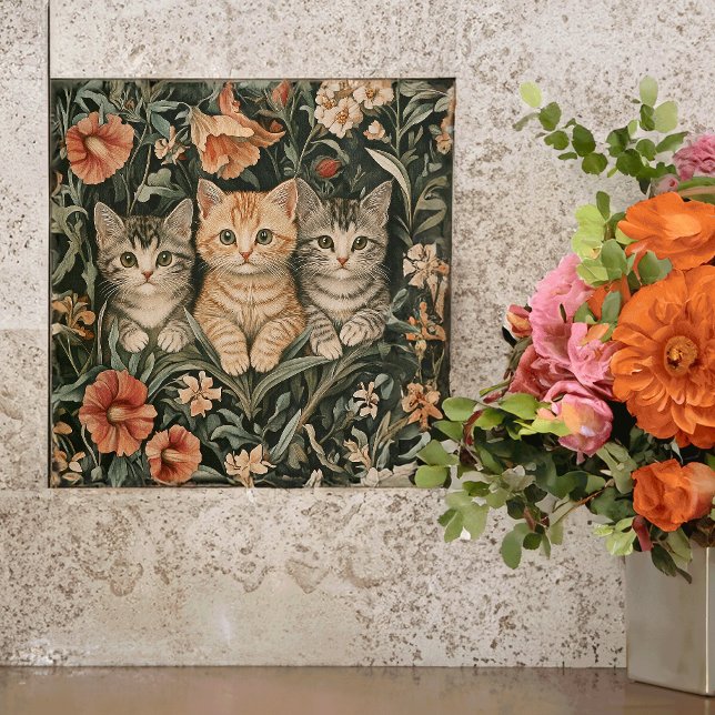 Cats in a William Morris Style Vintage Garden Ceramic Tile (Creator Uploaded)