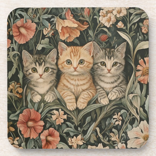 Cats in a William Morris Style Vintage Garden Coaster (Front)