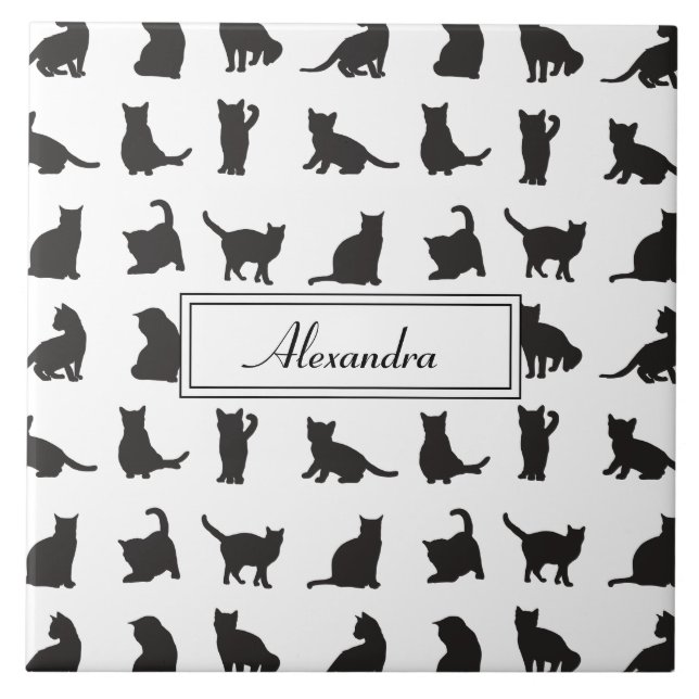 Cats in Black Silhouette Pattern with First Name Ceramic Tile (Front)