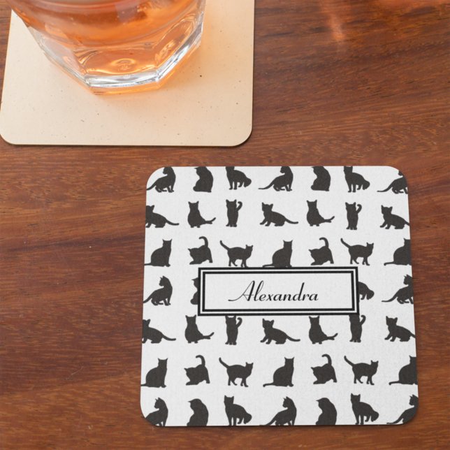  Cats in Black Silhouette Pattern with First Name Coaster (Creator Uploaded)