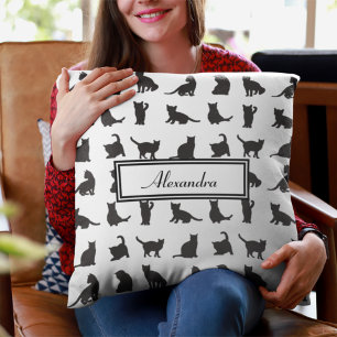 Cats in Black Silhouette Pattern with First Name Cushion
