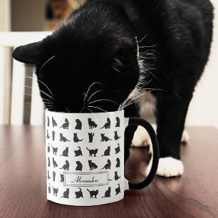Cats in Black Silhouette Pattern with First Name Mug