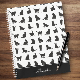 Cats in Black Silhouette Pattern with First Name Notebook