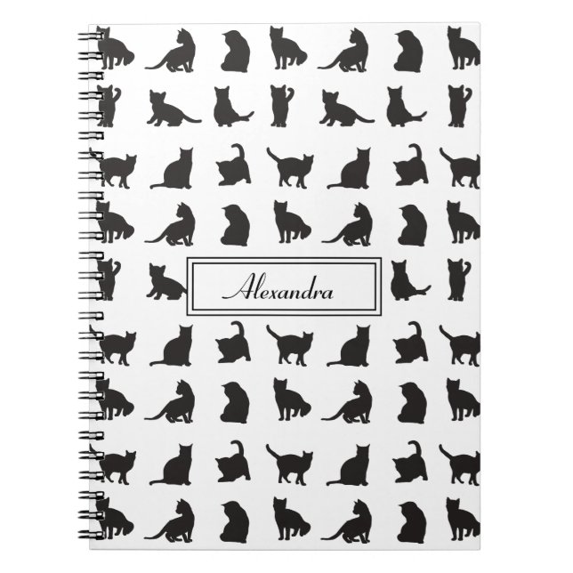 Cats in Black Silhouette Pattern with First Name Notebook (Front)