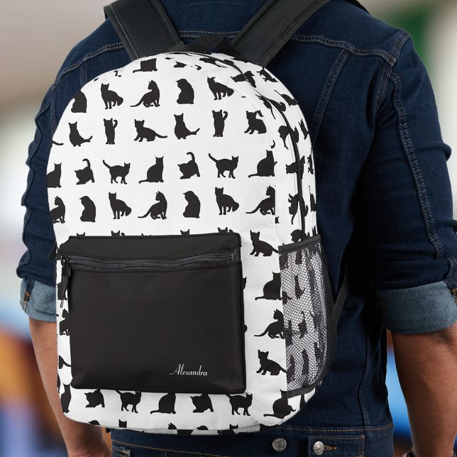 Cats in Black Silhouette Pattern with First Name Printed Backpack (Creator Uploaded)