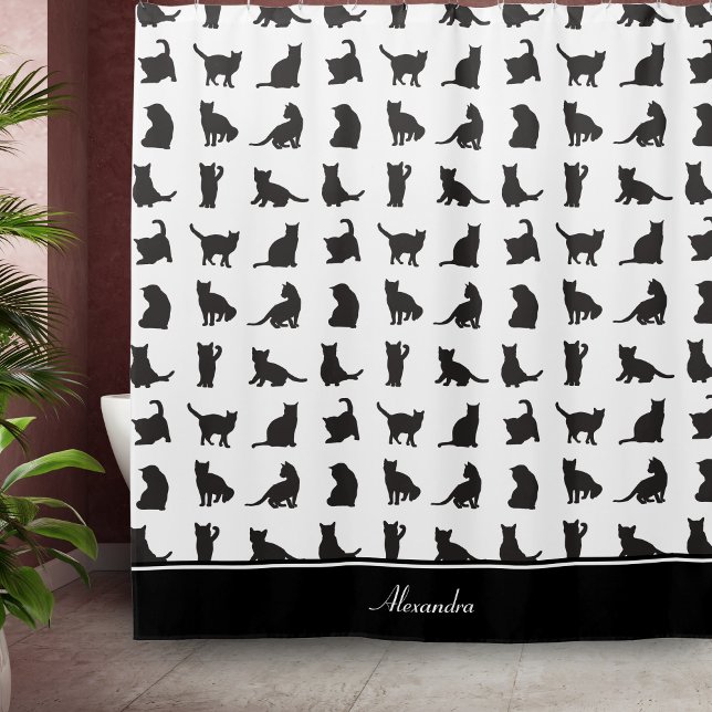 Cats in Black Silhouette Pattern with First Name Shower Curtain (Creator Uploaded)