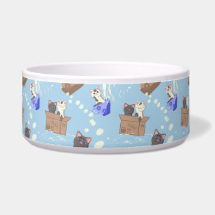 Cats in box and milk drops on blue