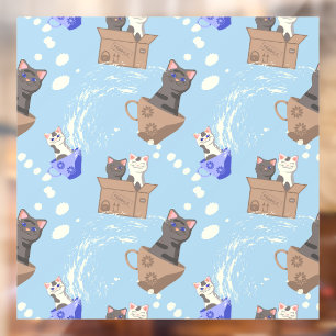 Cats in box and milk drops on blue