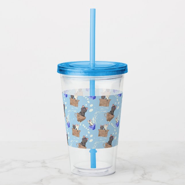Cats in box and milk drops on blue acrylic tumbler (Front)