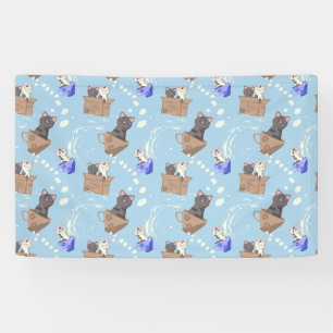 Cats in box and milk drops on blue banner