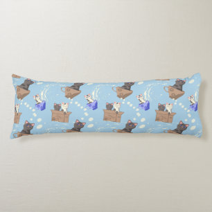 Cats in box and milk drops on blue body cushion