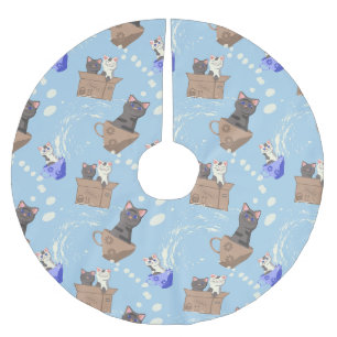 Cats in box and milk drops on blue brushed polyester tree skirt