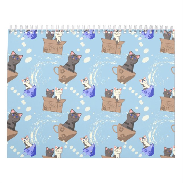Cats in box and milk drops on blue calendar (Cover)