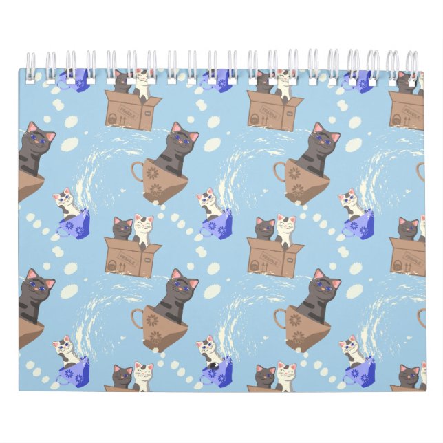 Cats in box and milk drops on blue calendar (Cover)