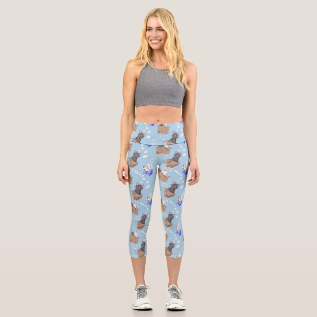 Cats in box and milk drops on blue capri leggings (Front)