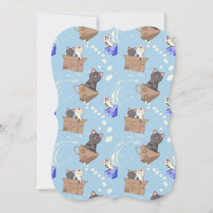 Cats in box and milk drops on blue card