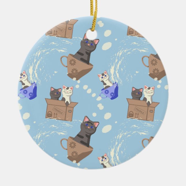 Cats in box and milk drops on blue ceramic ornament (Front)