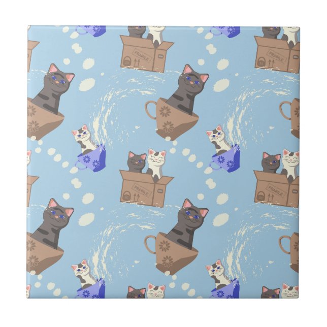 Cats in box and milk drops on blue ceramic tile (Front)