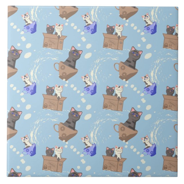 Cats in box and milk drops on blue ceramic tile (Front)