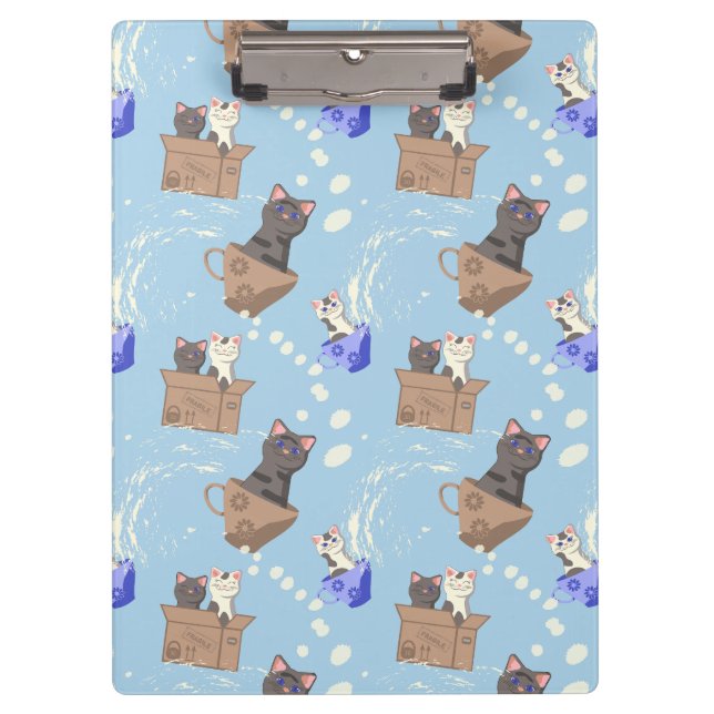 Cats in box and milk drops on blue clipboard (Front)