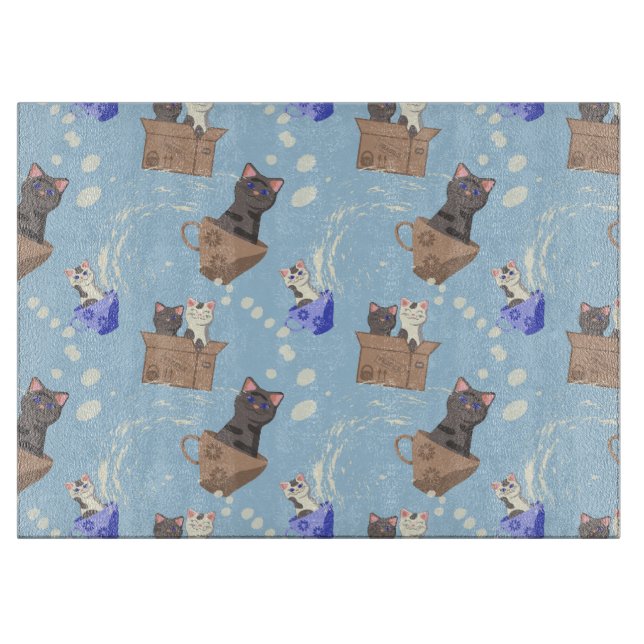 Cats in box and milk drops on blue cutting board (Front)