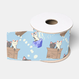 Cats in box and milk drops on blue grosgrain ribbon