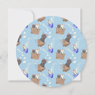 Cats in box and milk drops on blue holiday card