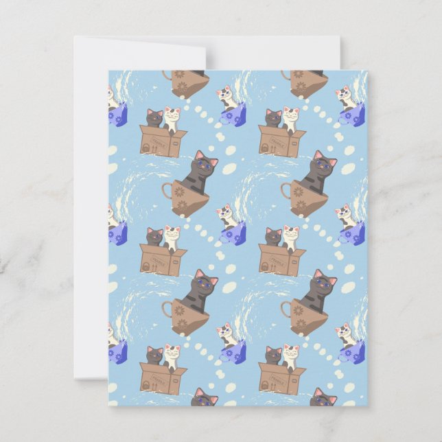 Cats in box and milk drops on blue holiday card (Front)