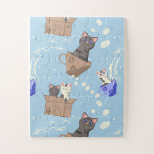 Cats in box and milk drops on blue jigsaw puzzle