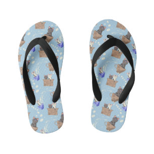 Cats in box and milk drops on blue kid's thongs