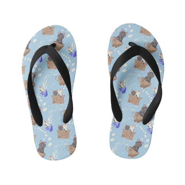 Cats in box and milk drops on blue kid's thongs (Footbed)