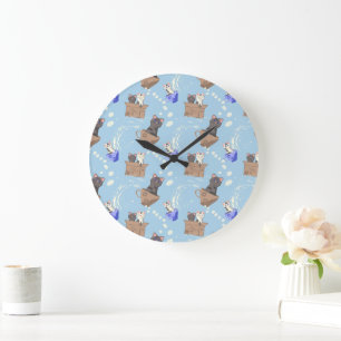 Cats in box and milk drops on blue large clock