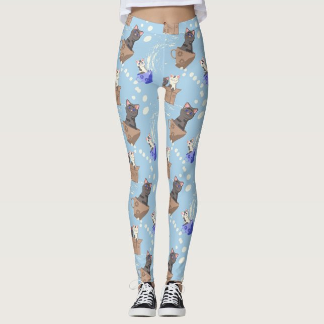 Cats in box and milk drops on blue leggings (Front)