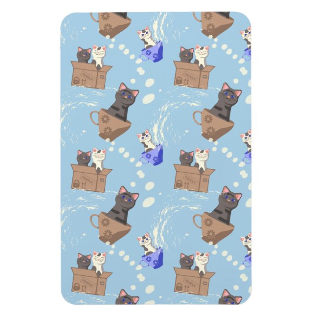 Cats in box and milk drops on blue magnet (Vertical)